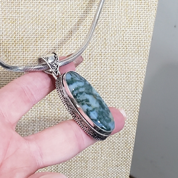 Natural Moss Agate Gem 925 Silver Handmade Thick Heavy Long Pendant Necklace - Picture 14 of 16